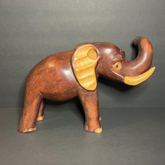 Vintage Large Hand Carved Solid Wood Lucky Elephant w/ Raised Trunk Figure 8.5" - Picture 4 of 7